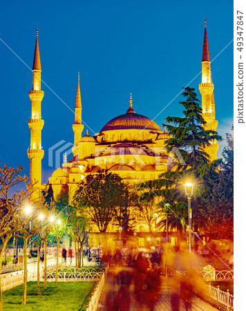 Blue Mosque at night with golden illumination, Blue Mosque at night with golden illumination, 49347847