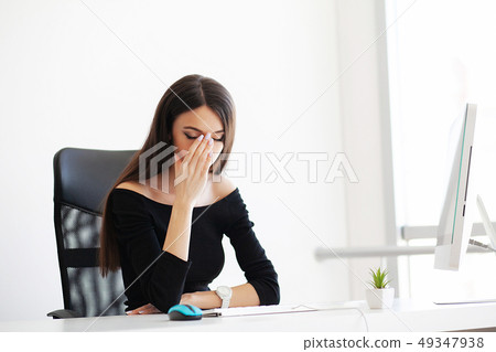 Pain. Health healthcare care concep. Portrait of sad upset accountant holding hand on head suffering Pain. Health healthcare care concep. Portrait of sad upset accountant holding hand on head suffering 49347938