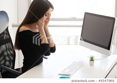 Pain. Health healthcare care concep. Portrait of sad upset accountant holding hand on head suffering 49347968