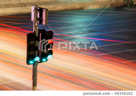 Traffic light with long exposure night in Bangkok, 49348102