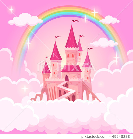 Castle of princess. Fantasy flying palace in pink magic clouds. Fairytale royal medieval heaven Castle of princess. Fantasy flying palace in pink magic clouds. Fairytale royal medieval heaven 49348228