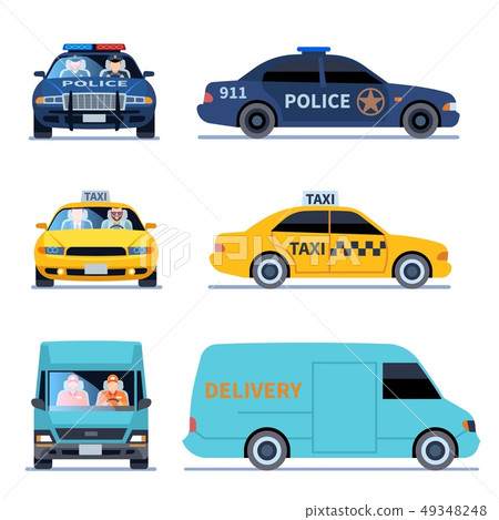 Car view. Delivery truck, police automobile and taxi auto side front viewing isolated urban drivers 49348248