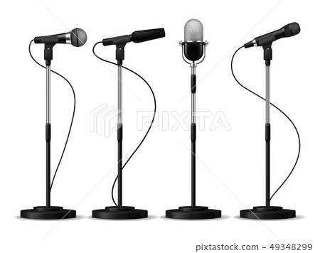 Microphones on stands. Stage standing microphones, studio mic for singing with counters. Concert Microphones on stands. Stage standing microphones, studio mic for singing with counters. Concert 49348299