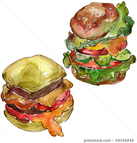 Hamburger in a watercolor style isolated. Watercolour fast food illustration element on white 49348848