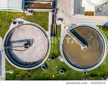 Aerial view of modern industrial sewage treatment plant beside the rhine river 49349229