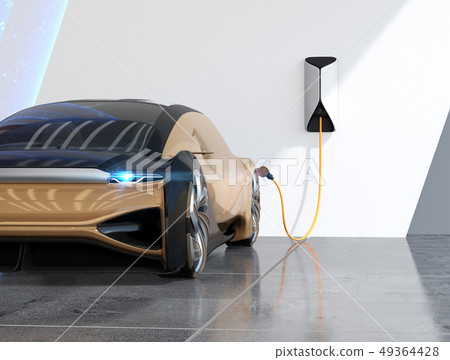 Close-up image of self-driving luxury saloon charging to charging station Close-up image of self-driving luxury saloon charging to charging station 49364428