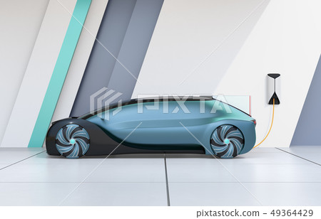 Side image of self-driving luxury saloon charging to charging station 49364429