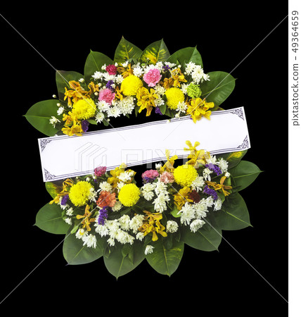 Colorful wreath flowers and blank sign isolated on Colorful wreath flowers and blank sign isolated on 49364659