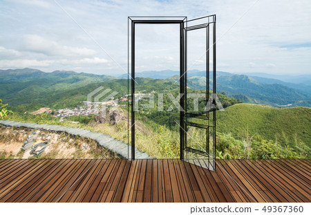 Landscape behind the opening door Landscape behind the opening door 49367360