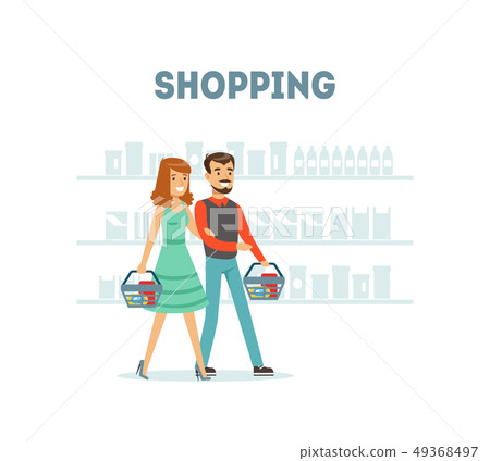 Family Couple Shopping at Supermarket with with Baskets, Daily Grocery Purchase Vector Illustration 49368497