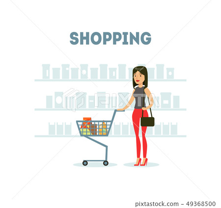 Female Buyer Shopping at Supermarket with Cart Full of Groceries, Daily Grocery Purchase Vector Female Buyer Shopping at Supermarket with Cart Full of Groceries, Daily Grocery Purchase Vector 49368500