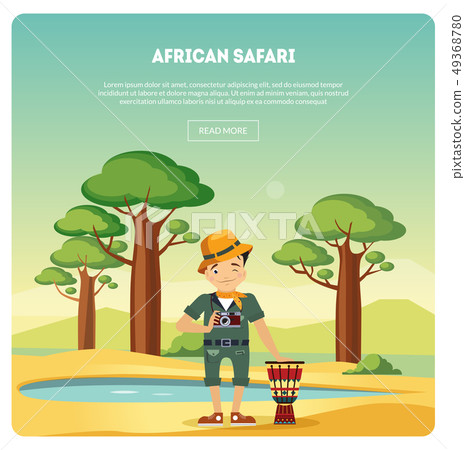 African Safari Banner, Male Tourist Standing in Background of Savannah Landscape Vector Illustration 49368780