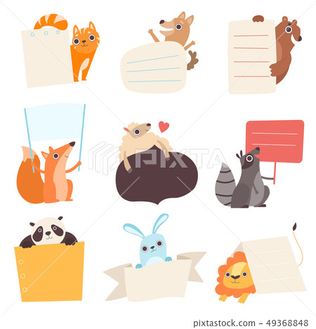 Cute Animals Holding Empty Banners Set, Funny Cartoon Cat, Dog, Bear, Fox, Sheep, Raccoon, Panda 49368848