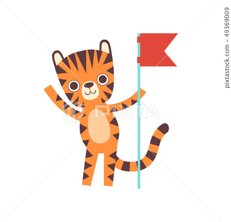 Cute Little Tiger Standing with Red Flag, Adorable Wild Animal Cartoon Character Vector Illustration Cute Little Tiger Standing with Red Flag, Adorable Wild Animal Cartoon Character Vector Illustration 49369009