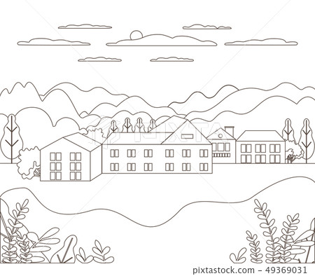 Thin line outline landscape rural farm. Panorama Thin line outline landscape rural farm. Panorama 49369031