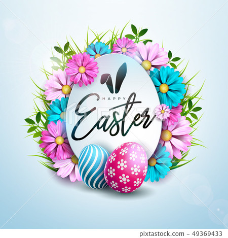 Happy Easter Holiday Design with Painted and Spring Flower on Clean Background. International Vector 49369433