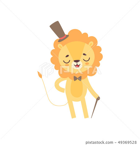 Cute Lion Gentleman Wearing Top Hat and Bowtie Standing with Walking Stick, Funny African Animal Cute Lion Gentleman Wearing Top Hat and Bowtie Standing with Walking Stick, Funny African Animal 49369528