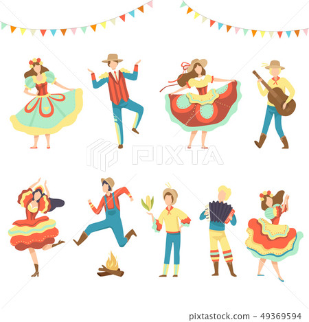 Brazilian Festa Junina Party, Happy Men and Women Dancing at Latin Holiday Festival Vector 49369594