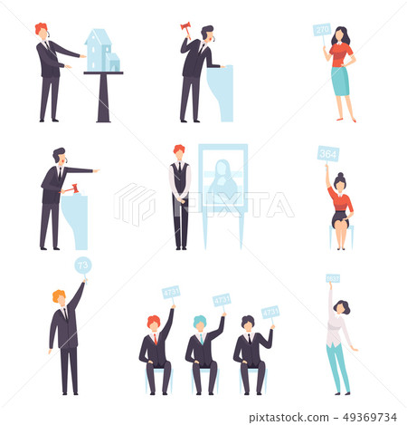 Auction Public Sale Set, People Bidding and Bying Goods and Property, Auctioneer Announcing Prices Auction Public Sale Set, People Bidding and Bying Goods and Property, Auctioneer Announcing Prices 49369734