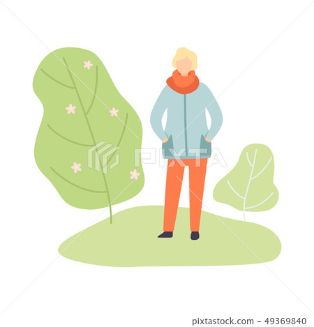 Young Man Wearing Warm Clothes Walking in Spring Park Vector Illustration 49369840