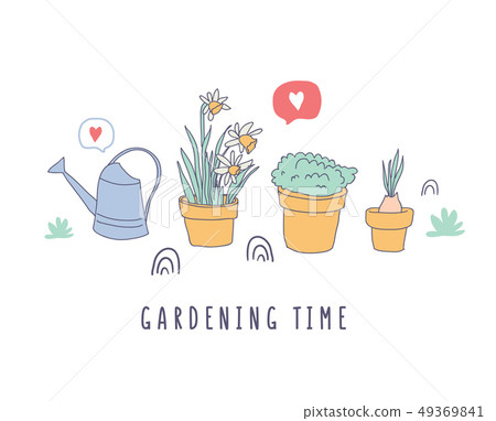 Garden time, happy time lettering with flower pots 49369841