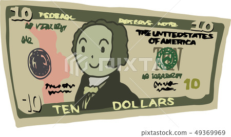 10 dollar banknote american dollar bent curved hand drawn cute illustration 49369969