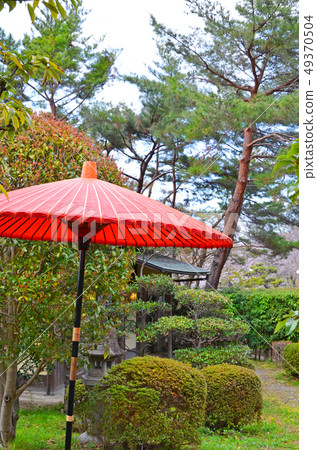帶有紅色日本傘的日本花園的風景 49370504