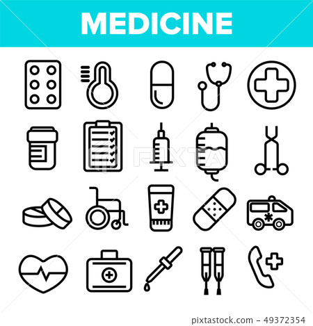 Medicine Line Icon Set Vector. Pharmacy Emergency Symbol. Drug Medicine. Clinic, Hospital Icon. Thin 49372354
