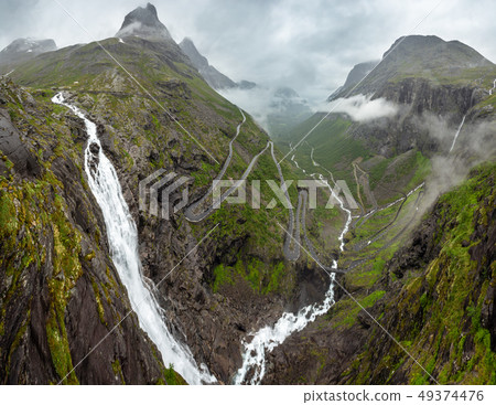 Summer Trollstigen serpentine and waterfall, 49374476