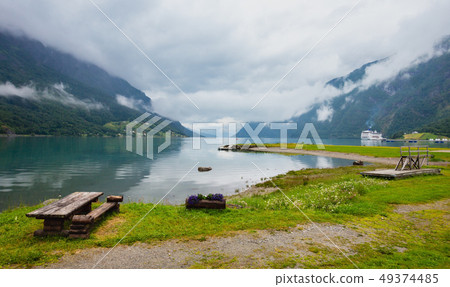 Summer cloudy Lustrafjorden fjord Summer cloudy Lustrafjorden fjord 49374485