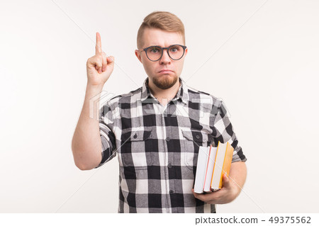 Geek, nerd and education concept - Handsome man in plaid shirt finger gesture up over white 49375562