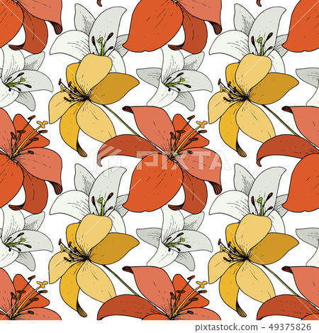Vector Lily Floral botanical flower. Black and white engraved ink art. Seamless background pattern. Vector Lily Floral botanical flower. Black and white engraved ink art. Seamless background pattern. 49375826