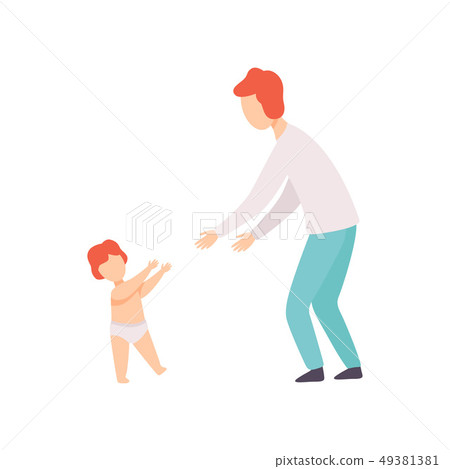 Toddler Baby Taking First Steps to His Father, Parent and Kid Having Good Time Together Vector 49381381