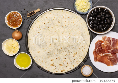 Recipe of pizza capriciosa on grey stone 49382875