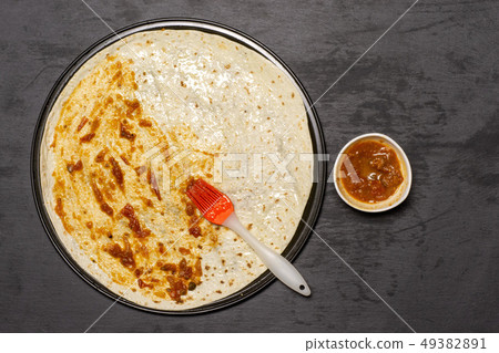 Recipe of pizza capriciosa on grey stone Recipe of pizza capriciosa on grey stone 49382891
