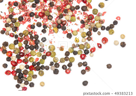 Four colors of peppercorns isolated on white Four colors of peppercorns isolated on white 49383213