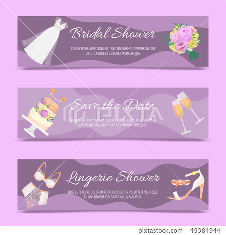 Bridal shower set of banners vector illustration. Save the date. Lingerie shower. Wedding 49384944