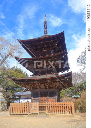 [Nagano Prefecture] Triple-storied pagoda of Maeyama Temple under sunny weather 49385342