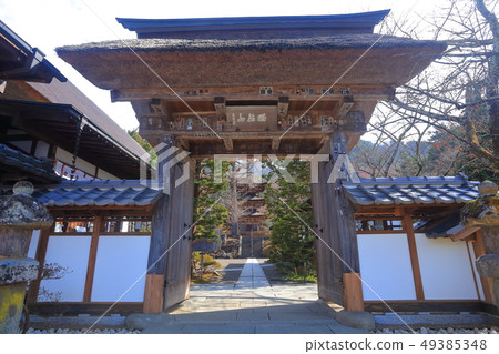 [Nagano Prefecture] Triple-storied pagoda of Maeyama Temple under sunny weather 49385348