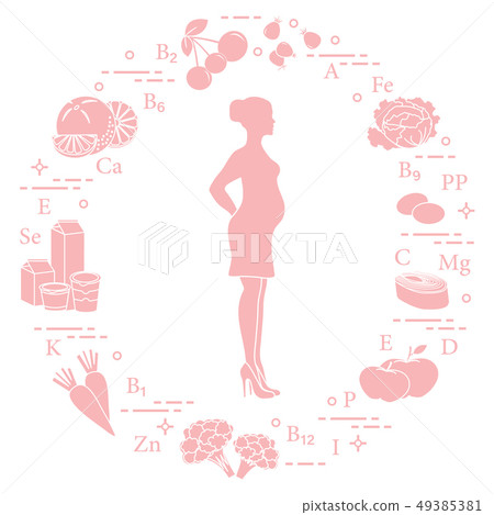Pregnant woman and foods rich in vitamins 49385381