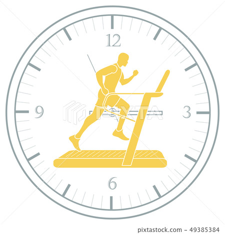 Man jogging on a treadmill and clock Man jogging on a treadmill and clock 49385384