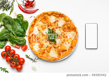 Pizza delivery. Order online with phone, top view 49385442