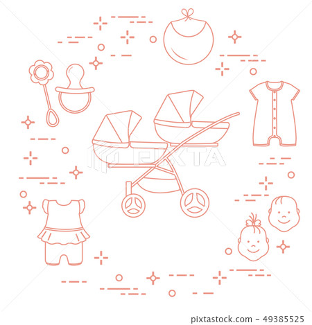 Stroller, twins, rattle, pacifier, bib, overalls Stroller, twins, rattle, pacifier, bib, overalls 49385525