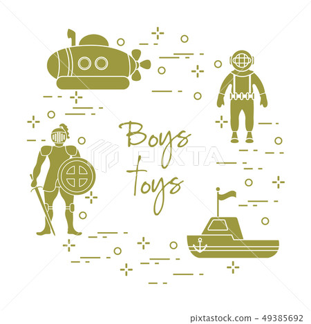 Knight, submarine, diver, ship Children's toys. Knight, submarine, diver, ship Children's toys. 49385692