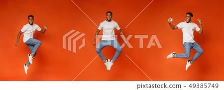 Collage of jumping black guy on orange 49385749