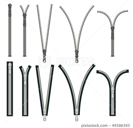 Zippers Various Types Shapes Icon Set. Vector 49386393