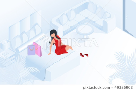 Lady in Red Dress with Shopping Bags Hotel Room Lady in Red Dress with Shopping Bags Hotel Room 49386908