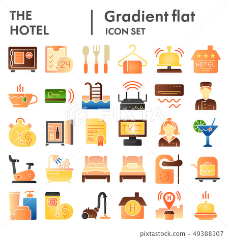 Hotel flat icon set, service symbols collection, vector sketches, logo illustrations, hostel signs 49388107