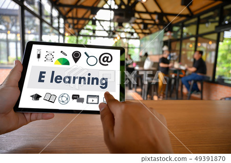 website woman sitting inscription E-learning website woman sitting inscription E-learning 49391870