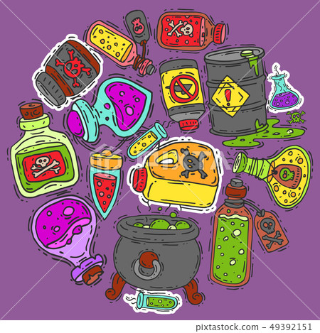 Toxic substances round pattern vector illustration. Different containers for liquids and poisonous 49392151
